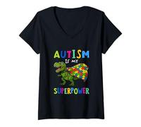 Mujer T-Rex Dino con Colorido Rompecabezas Capa Autismo Superpoder Camiseta Cuello V