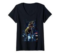 Mujer T-Rex Dinosaur Roaring City at Night Graphic Design Japanese Camiseta Cuello V