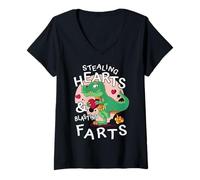 Mujer T-Rex Dinosaur Stealing Hearts and Blasting Farts Camiseta Cuello V
