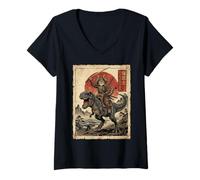 Mujer T-Rex Dinosaurio Gato Japonés Puesta de Sol Dino Japón Camiseta Cuello V