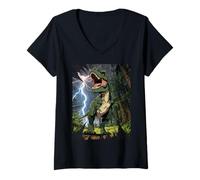 Mujer T-Rex Dinosaurio Roaring Forest Night Graphic Anime japonés Camiseta Cuello V
