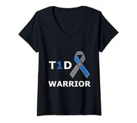 Mujer T1D Warrior Tipo 1 Diabetes Concienciación Cinta Azul Camiseta Cuello V