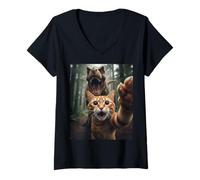 Mujer Tabby Cat Selfie Escape from Dinosaur Funny for Teens Adults Camiseta Cuello V
