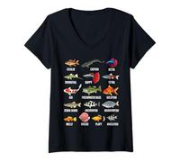 Mujer Tabla de especies de peces de agua dulce Guía de peces de río Acuario Camiseta Cuello V