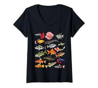 Mujer Tabla de especies de peces de agua dulce Guía de peces de río Acuario Camiseta Cuello V