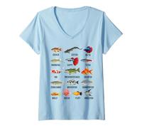 Mujer Tabla de especies de peces de agua dulce Guía de peces de río Acuario Camiseta Cuello V