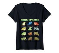 Mujer Tabla de Nombres de Especies de Ranas para niños Guía de Aprendizaje de Ranas Lindas Camiseta Cuello V