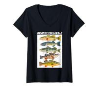 Mujer Tabla de peces de pesca de lubina vintage Respeta a los lugareños Camiseta Cuello V