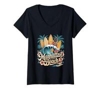 Mujer Tablas de surf Manhattan Beach, arte retro de South Bay Camiseta Cuello V
