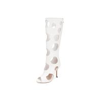 Mujer Tacón De Aguja Alto Botas hasta La Rodilla Punta Abierta Sandalias De Verano con Cremallera Cuero PU Recortes Botas Largas,Blanca,43 EU