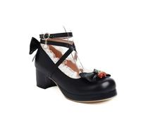 Mujer Tacón De Bloque Medio Zapatos De Lolita Punta Redonda Cuero PU Mary Janes con Arco Cruzada En El Tobillo Zapatos De Vestir,Negro,38.5 EU