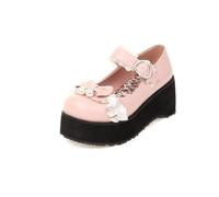 Mujer Tacón Grueso Medio Plataforma Pumps Correa Al Tobillo Mary Jane con Hebilla Cerrada Puntera Redonda Cuero PU Zapatos Lolita con Lazo,Rosado,41.5 EU