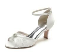 Mujer Tacones Bajos De Gatito Elegantes Zapatos De Boda Correa Ajustable En El Tobillo Zapatos Novia Sandalias Fiesta Noche Punta Abierta Encaje Pedrería,Marfil,40 EU