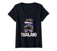 Mujer Tailandia Chica Cabello desordenado Bandera tailandesa Orgulloso Moño Tailandés Mujeres Camiseta Cuello V