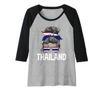 Mujer Tailandia Chica Cabello desordenado Bandera tailandesa Orgulloso Moño Tailandés Mujeres Camiseta Manga Raglan