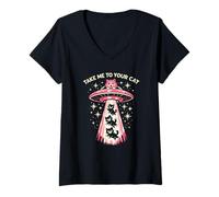 Mujer Take Me To Your Cat Retro UFO Alien Humor Espacio Arte Scifi Go Camiseta Cuello V