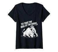 Mujer Take The Bull by The Horns Diversión para niños y Maestros Modismos Camiseta Cuello V