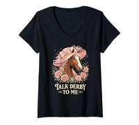 Mujer Talk Derby To Me Funny Derby Horse with Hat, Roses & Charm Camiseta Cuello V