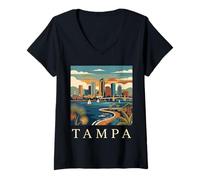 Mujer Tampa Florida Retro Vintage Skyline Bay Waterfront Atardecer Camiseta Cuello V