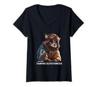 Mujer Tanuki Japonés Piloto Kanji Folklore Animal Perro Mapache Camiseta Cuello V