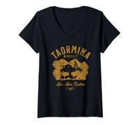 Mujer Taormina Sicilia Italia Souvenir Diseño Envejecido Camiseta Cuello V