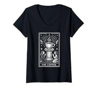 Mujer Tarjeta de Tarot Amante del Café Místico Diseño Mágico Cósmico Camiseta Cuello V