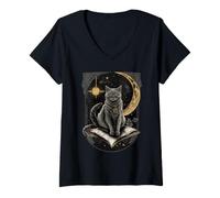 Mujer Tarjeta de Tarot de la Luna, Gato Celestial, Regalo mágico Camiseta Cuello V