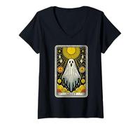 Mujer Tarjeta de Tarot Fantasma Vintage Hoja Blanca Fantasma Retro Halloween Camiseta Cuello V