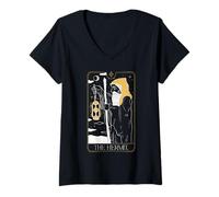 Mujer Tarjeta gótica de Halloween Ermitaño Tarot Grim Reaper Oculto Camiseta Cuello V