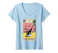 Mujer Tarot Card The Chariot Cat Robot Aspirador Divertido Gato Camiseta Cuello V