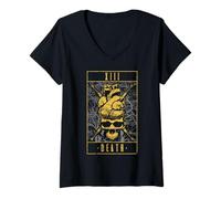 Mujer Tarot de la Muerte Vintage Gótico Anatómico Corazón Cráneo Camiseta Cuello V