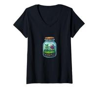 Mujer Tarro de terrario pequeño con diseño de Hongos Camiseta Cuello V