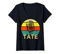 Mujer Tate - Micrófono Retro con Nombre de música de los años 80 Vintage para Hombres y niños Camiseta Cuello V