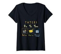 Mujer Taters Po-ta-Toes Hervir Em Mash Em Stick Em en un Guiso Divertido Camiseta Cuello V