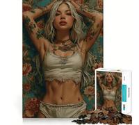 Mujer Tatuada en un Entorno Floral Rompecabezas de 1000 Piezas para Adultos Juguete Intelectual Diversión Relajante Pieza de Arte 50x75cm