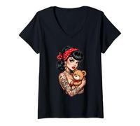 Mujer Tatuado Pin Up Girl Teddy Retro Art Camiseta Cuello V