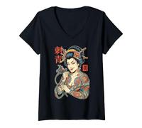 Mujer Tatuaje Belleza Vintage Japonés Geisha Mujer Entintada Camiseta Cuello V