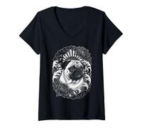 Mujer Tatuaje de Perro Pug Japón Irezumi Camiseta Cuello V