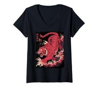 Mujer Tatuaje Tigre Japonés Arte Vintage Feroz Ukiyo-e Tora Camiseta Cuello V