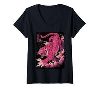 Mujer Tatuaje Tigre Japonés Arte Vintage Feroz Ukiyo-e Tora Camiseta Cuello V
