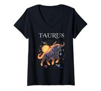 Mujer Tauro Celestial Signo del Zodíaco Horóscopo Toro de Fuego Planetas Camiseta Cuello V