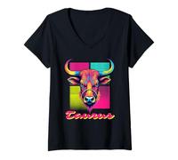 Mujer Taurus Bull Neon Retro 80s Vaporwave Zodiac Graphic, Tauro Camiseta Cuello V