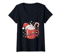 Mujer Taza de Cacao con bastón de Caramelo, Luces navideñas, Sombrero de Papá Noel, niños Camiseta Cuello V