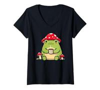 Mujer Taza de café con Sombrero de Hongo Cottagecore con diseño de Rana Linda Camiseta Cuello V