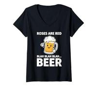 Mujer Taza de Cerveza con diseño de Rosas y Poema Rojo Camiseta Cuello V