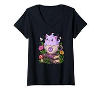 Mujer Taza De Té De Gato Fantasma Pastel Goth Witchy Spooky Cute Camiseta Cuello V