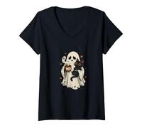 Mujer Taza Divertida con Texto en inglés Ghost Holding Cat with Meh Camiseta Cuello V