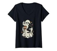 Mujer Taza Divertida con Texto en inglés Ghost Holding Cat with Meh Camiseta Cuello V