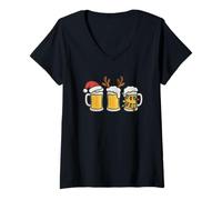 Mujer Tazas de Cerveza con Luces navideñas de Papá Noel Camiseta Cuello V