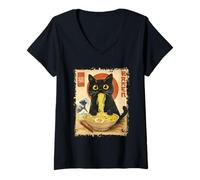 Mujer Tazón de Ramen Kawaii Cat Funny Sea Waves, Anime gráfico japonés Camiseta Cuello V